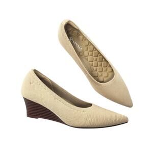 Vivaia Pointed Toe Wedge Shoes Aria Wedge Pro Almond Cream Size 38 US 7-7.5